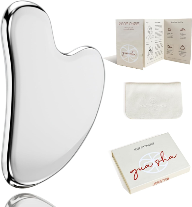 Rena Chris Gua Sha Facial Tools, Stainless Steel Guasha Tool for Acupuncture, Manual Massage Tool for Jawline Sculpting and Puffiness Reducing, Gua Sha Facial Massage Tool, Skin-Care Gift
