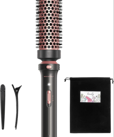 Thermal Brush, 1 1/2 inch Heated Round Brush with Detachable Head, Velvet Pouch and Dual Voltage for Travel, Easy to Create Blowout Look, Rose Gold