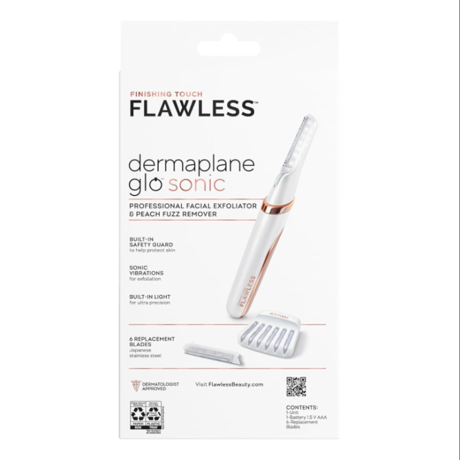 Finishing Touch Flawless Dermaplane Glo Sonic Lighted Facial Exfoliator, Electric Vibrating Dermaplane Razor for Dermaplaning, Facial Hair Removal, 6 Replacement Heads - Image 2