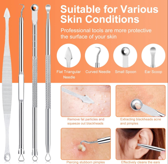 Pimple Popper Tool Kit, IUMAKEVP 15 PCS Professional Stainless Steel Blackhead Remover Comedone Extractor Tools for Removing Zit on Face - Acne Removal Kit with Metal Case (Silver) - Image 3