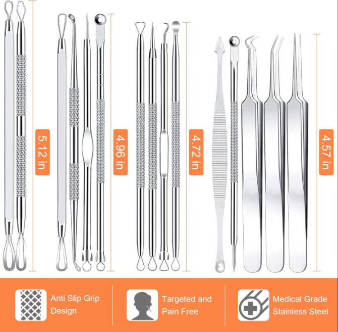Pimple Popper Tool Kit, IUMAKEVP 15 PCS Professional Stainless Steel Blackhead Remover Comedone Extractor Tools for Removing Zit on Face - Acne Removal Kit with Metal Case (Silver) - Image 8