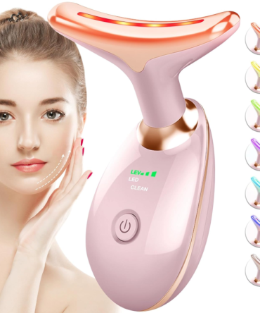 Red-Light-Therapy-for-Face-and-Neck, 7 Color Face Massager Tool for Wrinkles, Double Chin, Vibrating Facial Massager with Thermals for Skin Care, Glossy Pink