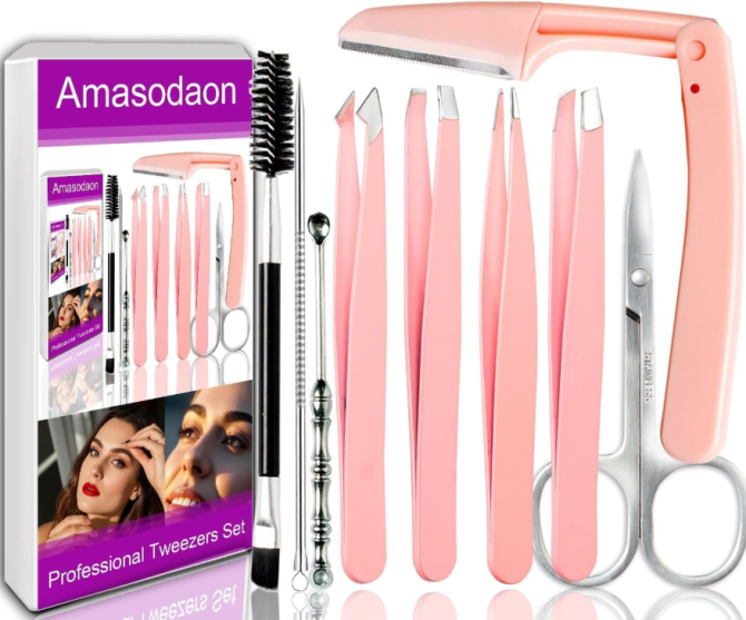 Tweezers Set [9+1 PCS] - Professional Stainless Steel Tweezers for Eyebrows – High-Precision Beauty Tools for Eyebrows, Facial Hair, Splinter & Ingrown Hair Removal
