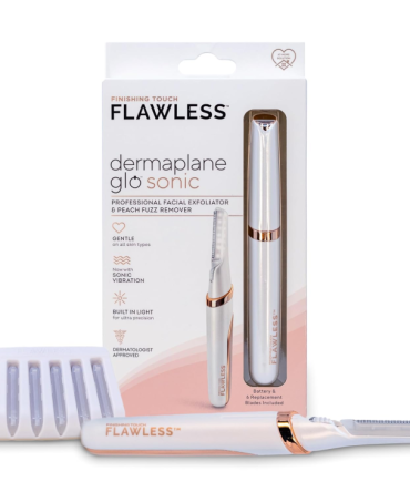 Finishing Touch Flawless Dermaplane Glo Sonic Lighted Facial Exfoliator, Electric Vibrating Dermaplane Razor for Dermaplaning, Facial Hair Removal, 6 Replacement Heads