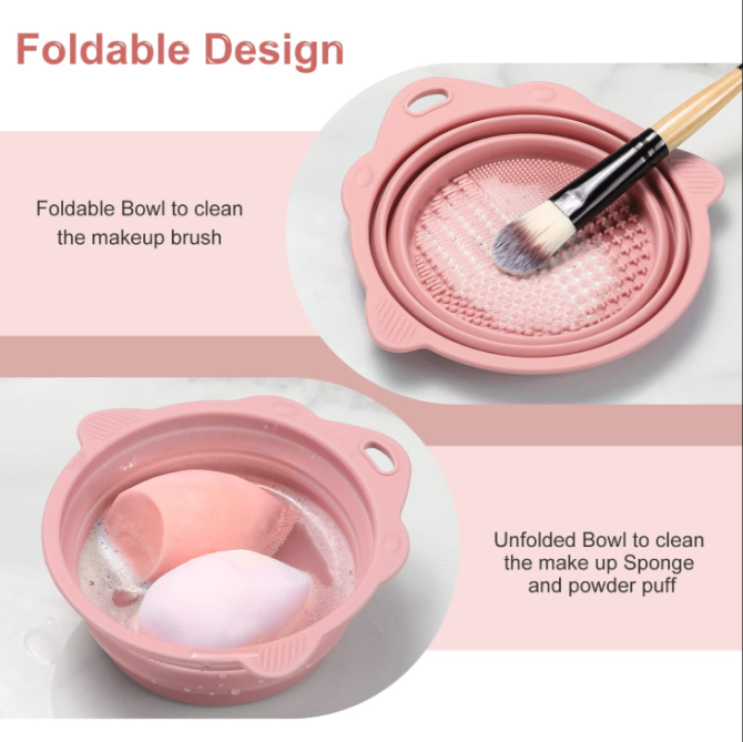 Foldable Silicone Makeup Brush Cleaner Bowl - Etercycle Portable Cleaning Tool for Brushes, Powder Puffs, and Sponges (Pink) - Image 2