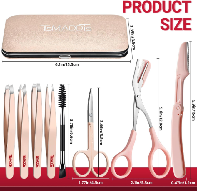 TsMADDTs Tweezers for Women Facial Hair, 8 in 1 Eyebrow Kit with Tweezers, Eyebrow Trimmer Scissors, Razor, Brush with Travel Bag, Hair Plucking Daily Beauty Tools - Image 2