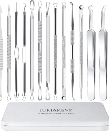 Pimple Popper Tool Kit, IUMAKEVP 15 PCS Professional Stainless Steel Blackhead Remover Comedone Extractor Tools for Removing Zit on Face - Acne Removal Kit with Metal Case (Silver)
