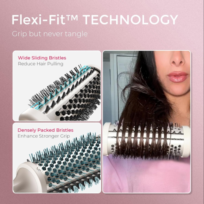 TYMO Thermal Brush Heated Round Brush - STYLUX Blowout Volumizer with Flexi-Fit Tech for Hair Straightening, Curling Styler Tool, Hair Straightener and Curler 2 in 1, Dual Voltage, Quick & Easy, Gold - Image 3