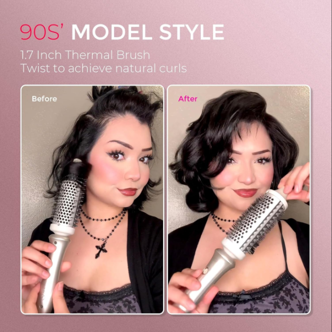 TYMO Thermal Brush Heated Round Brush - STYLUX Blowout Volumizer with Flexi-Fit Tech for Hair Straightening, Curling Styler Tool, Hair Straightener and Curler 2 in 1, Dual Voltage, Quick & Easy, Gold - Image 4
