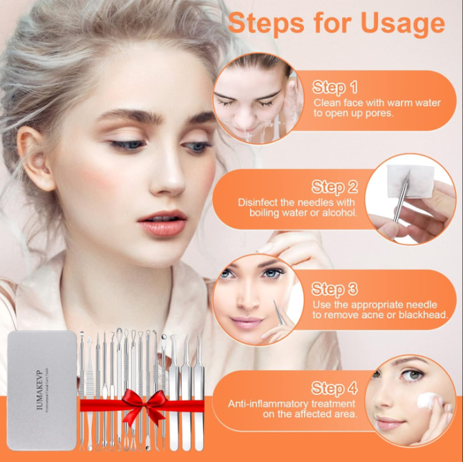 Pimple Popper Tool Kit, IUMAKEVP 15 PCS Professional Stainless Steel Blackhead Remover Comedone Extractor Tools for Removing Zit on Face - Acne Removal Kit with Metal Case (Silver) - Image 6
