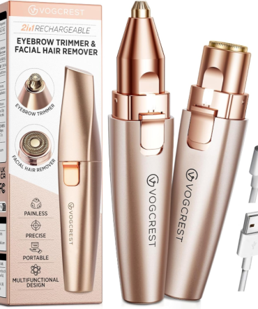 Eyebrow & Facial Trimmer: 2 in1 Rechargeable Facial Hair Removal & Eyebrow Shaver - Body Razor with Built-in LED Light (Rose Gold)