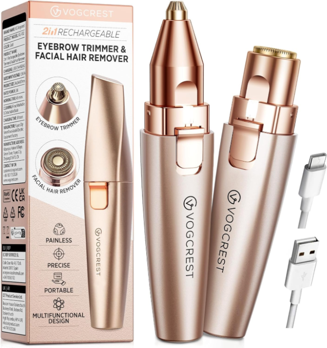 Eyebrow & Facial Trimmer: 2 in1 Rechargeable Facial Hair Removal & Eyebrow Shaver - Body Razor with Built-in LED Light (Rose Gold)