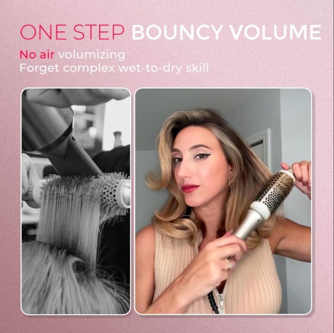 TYMO Thermal Brush Heated Round Brush - STYLUX Blowout Volumizer with Flexi-Fit Tech for Hair Straightening, Curling Styler Tool, Hair Straightener and Curler 2 in 1, Dual Voltage, Quick & Easy, Gold - Image 2