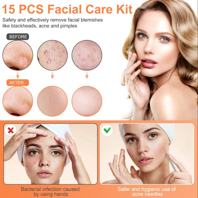 Pimple Popper Tool Kit, IUMAKEVP 15 PCS Professional Stainless Steel Blackhead Remover Comedone Extractor Tools for Removing Zit on Face - Acne Removal Kit with Metal Case (Silver) - Image 5